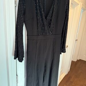 Valentine  Elegant Cocktail  Black Sequin Long Sleeve Jumpsuit w sequins